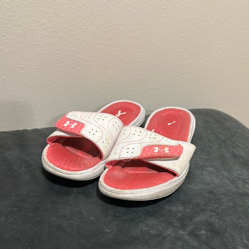 Under Armour Pink and White Slide Sandals with Cushioned Footbed